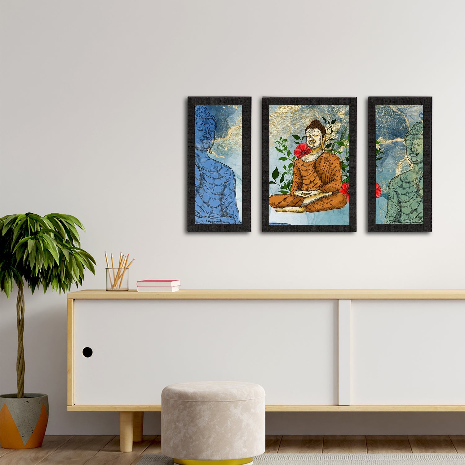 Set of 3 Meditating Lord Buddha Satin Matt Textured UV Art Painting Kafalo