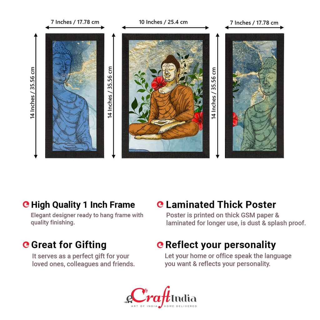 Set of 3 Meditating Lord Buddha Satin Matt Textured UV Art Painting Kafalo