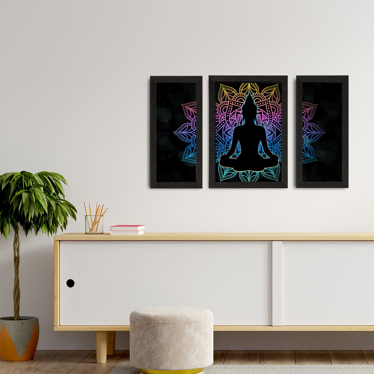Set of 3 Meditating Lord Buddha Satin Matt Textured UV Art Painting Kafalo