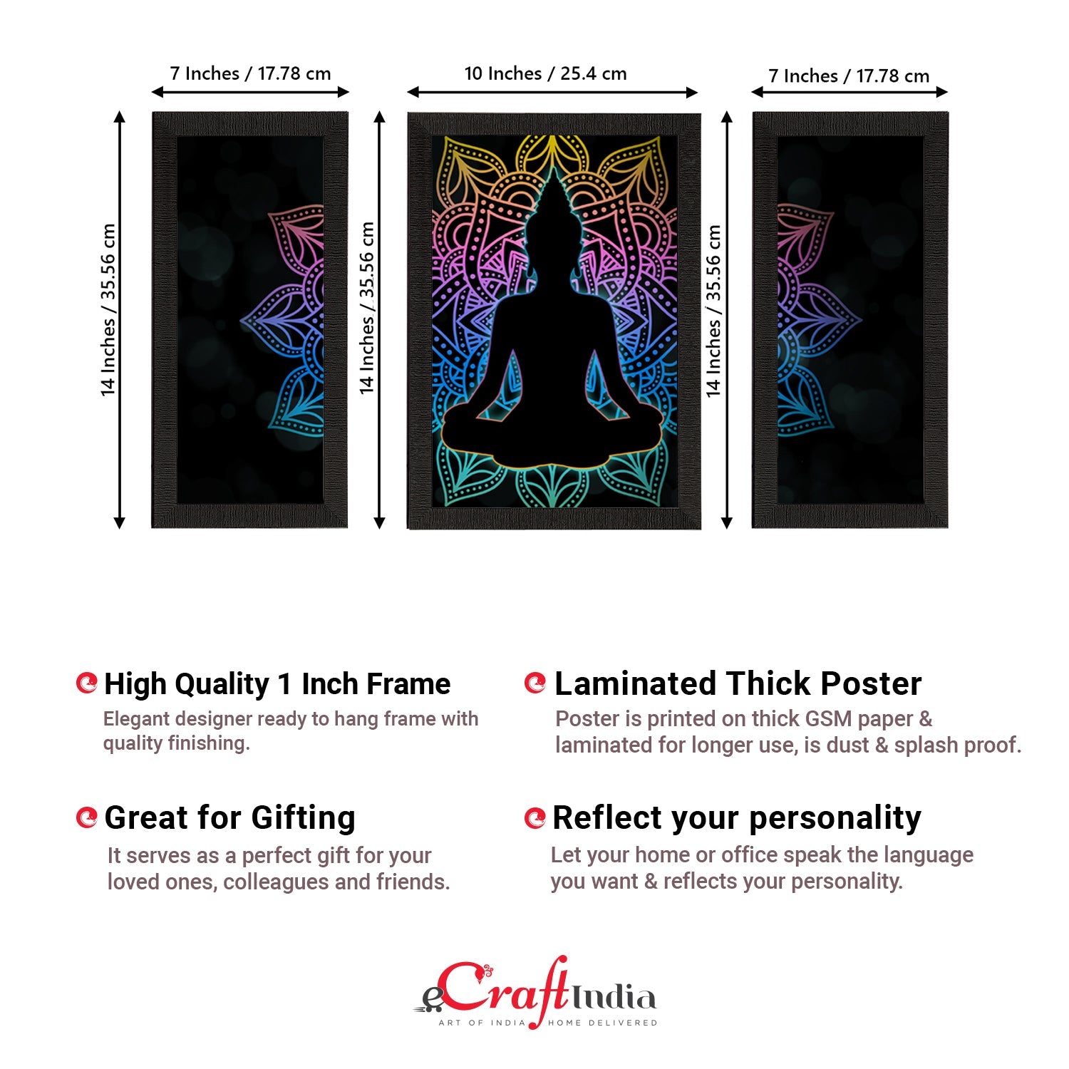 Set of 3 Meditating Lord Buddha Satin Matt Textured UV Art Painting Kafalo