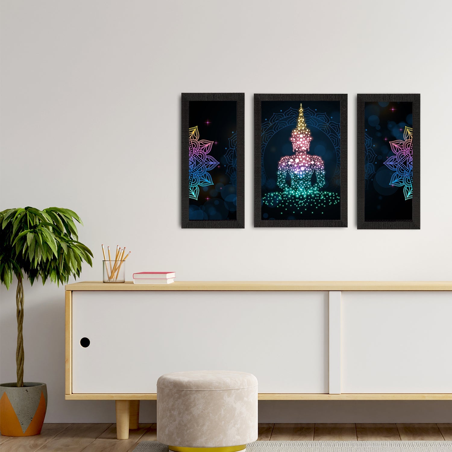 Set of 3 Meditating Lord Buddha Satin Matt Textured UV Art Painting Kafalo