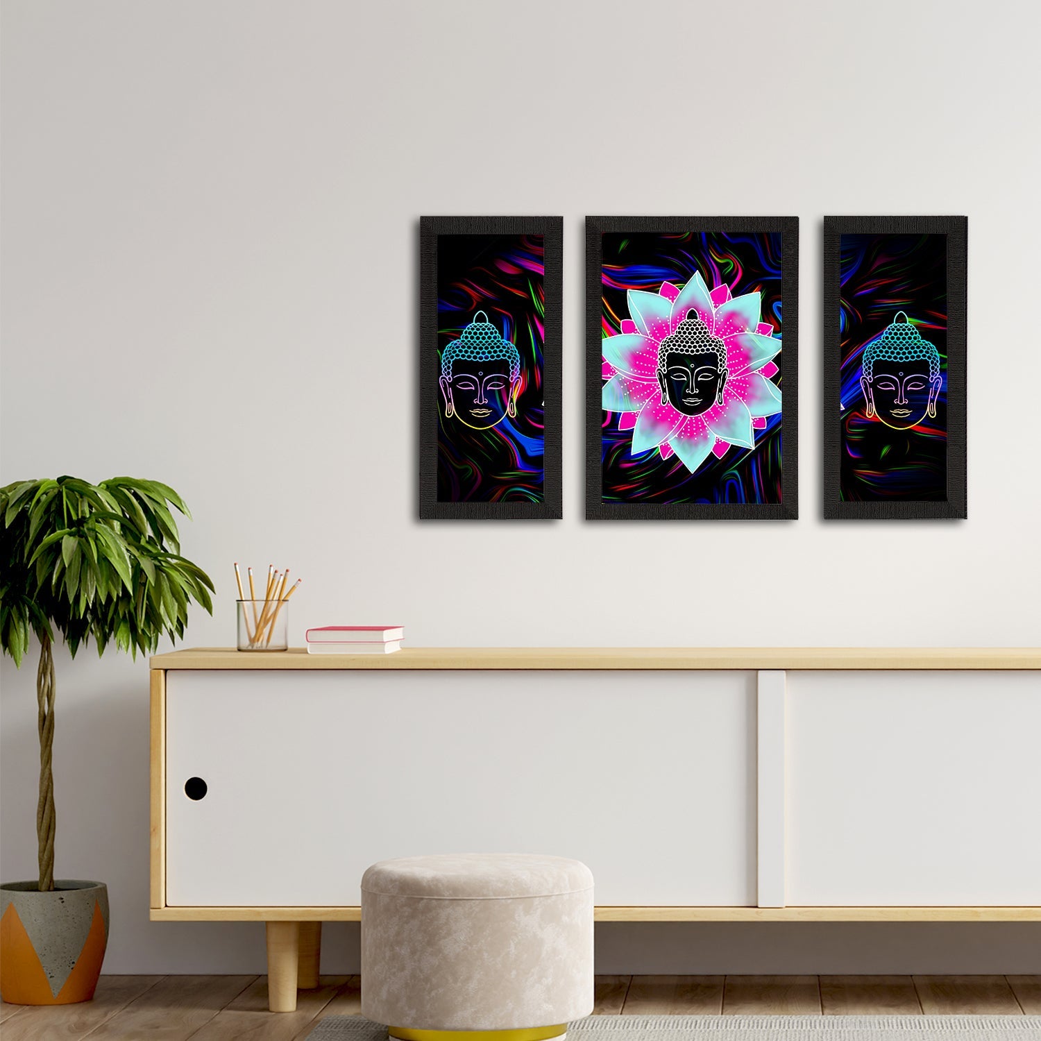 Set of 3 Meditating Lord Buddha Satin Matt Textured UV Art Painting Kafalo