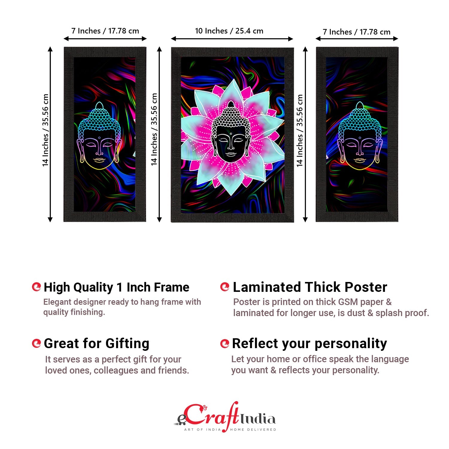 Set of 3 Meditating Lord Buddha Satin Matt Textured UV Art Painting Kafalo