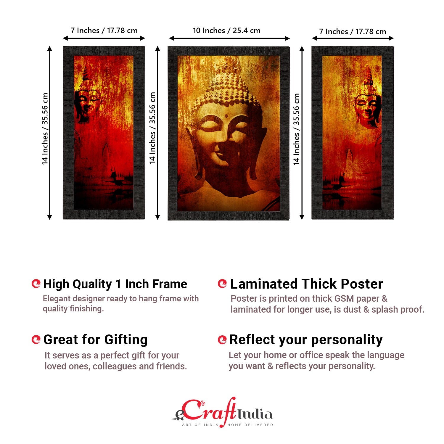 Set of 3 Meditating Lord Buddha Satin Matt Textured UV Art Painting Kafalo