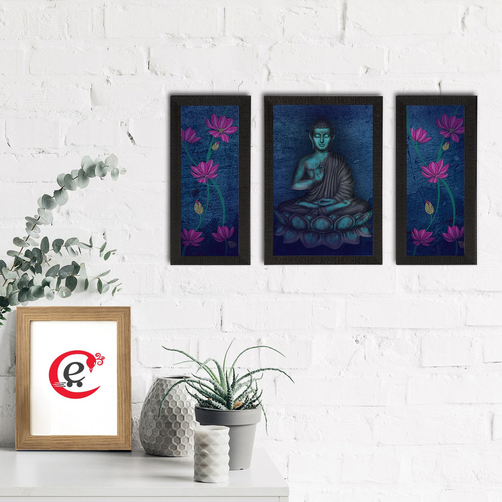 Set of 3 Meditating Lord Buddha Satin Matt Textured UV Art Painting Kafalo