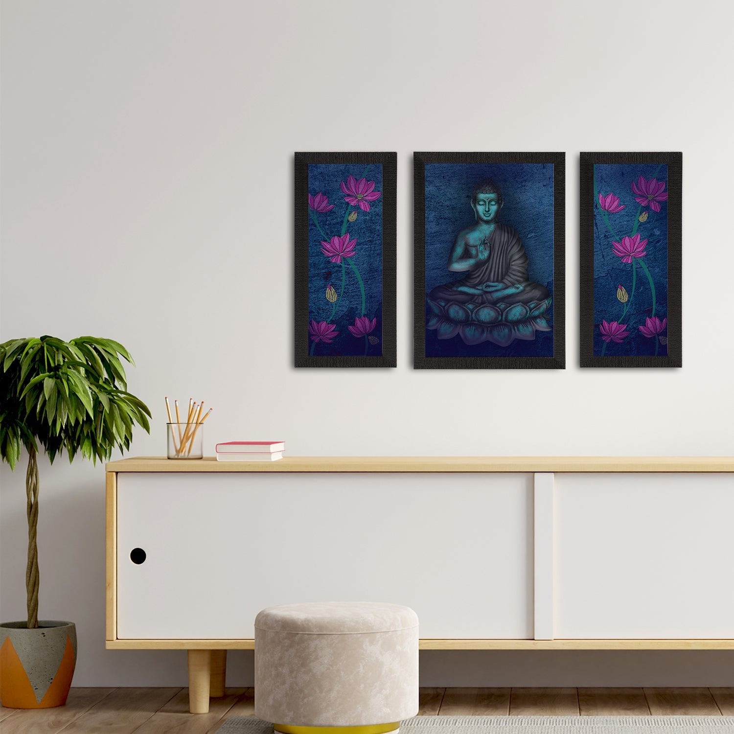 Set of 3 Meditating Lord Buddha Satin Matt Textured UV Art Painting Kafalo