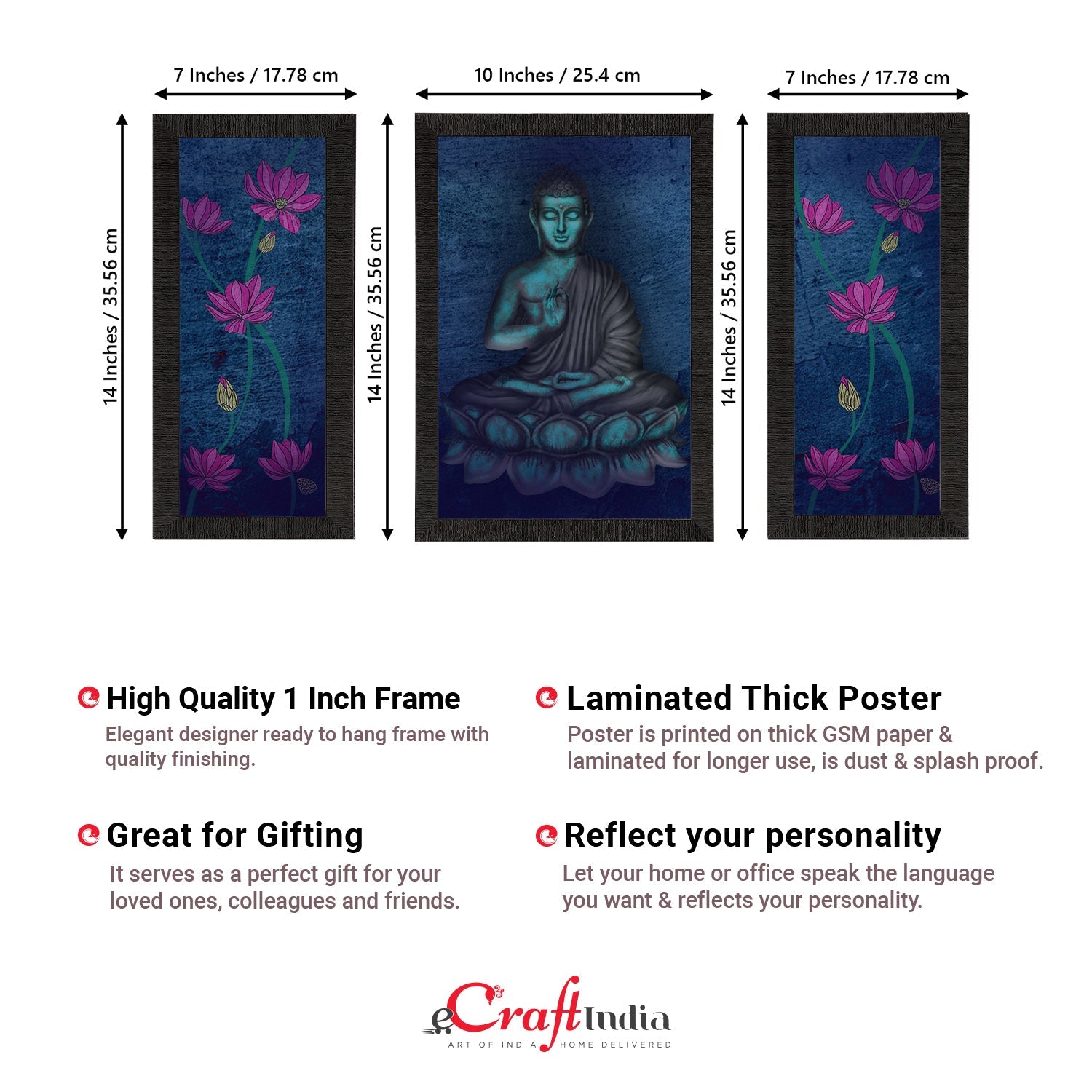 Set of 3 Meditating Lord Buddha Satin Matt Textured UV Art Painting Kafalo