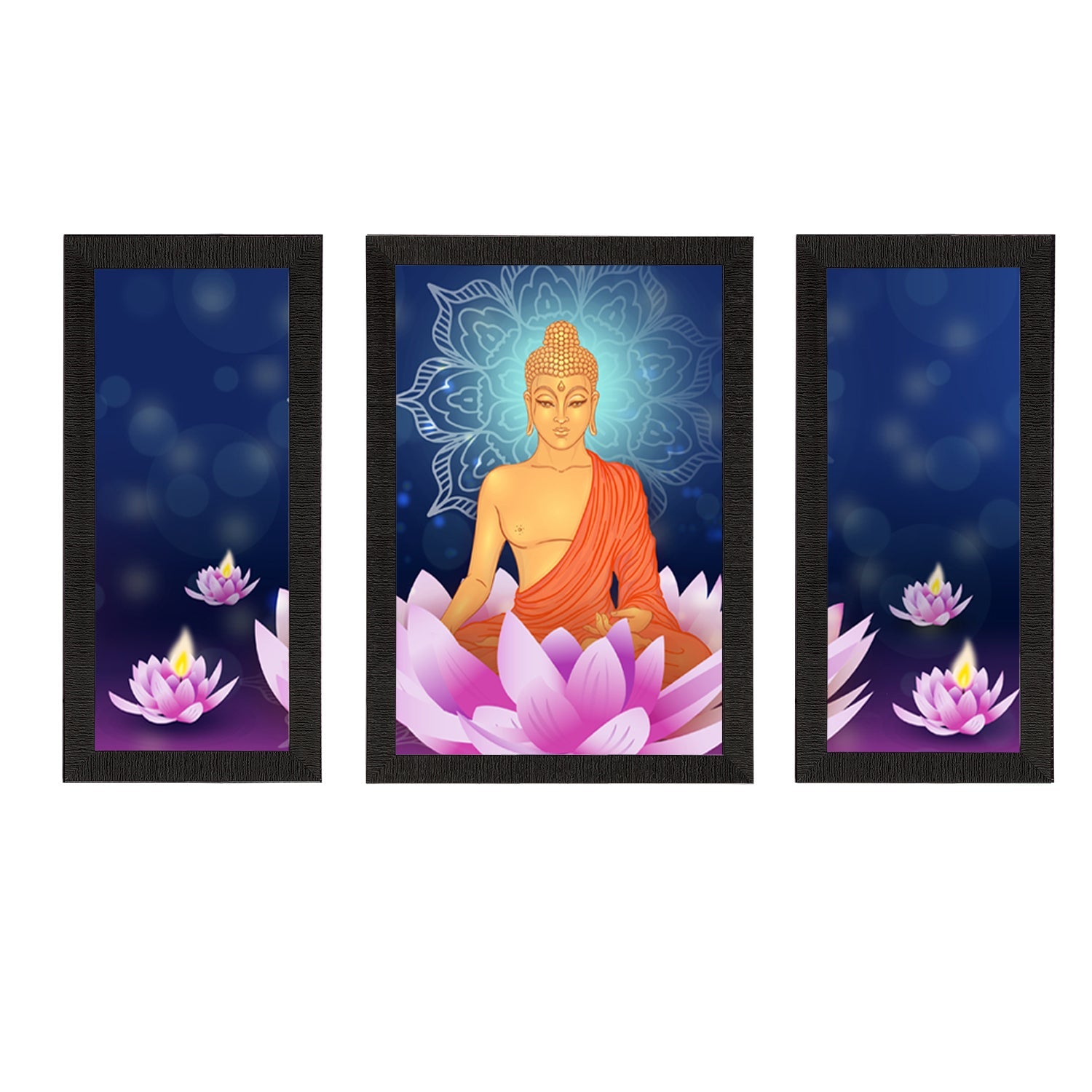 Set of 3 Meditating Lord Buddha Satin Matt Textured UV Art Painting Kafalo