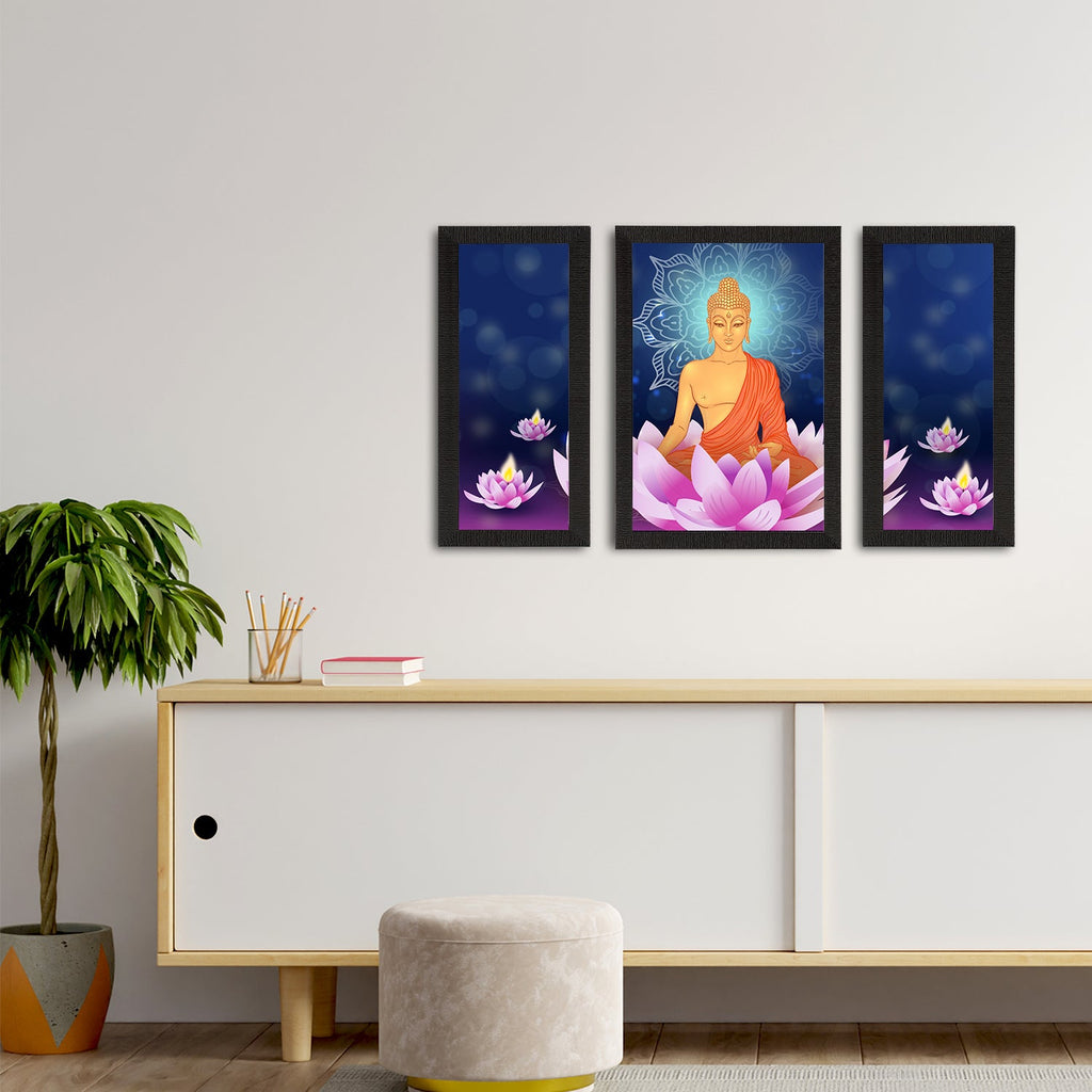 Set of 3 Meditating Lord Buddha Satin Matt Textured UV Art Painting Kafalo