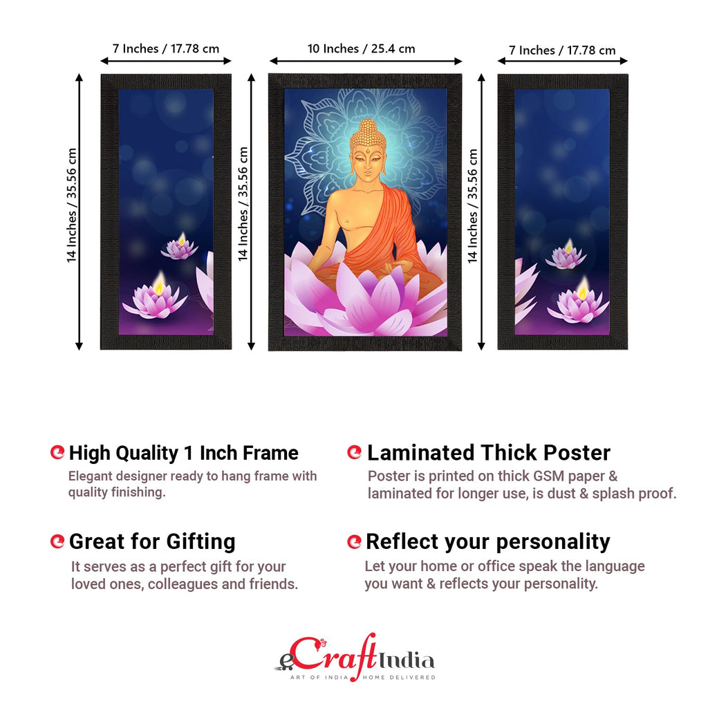 Set of 3 Meditating Lord Buddha Satin Matt Textured UV Art Painting Kafalo