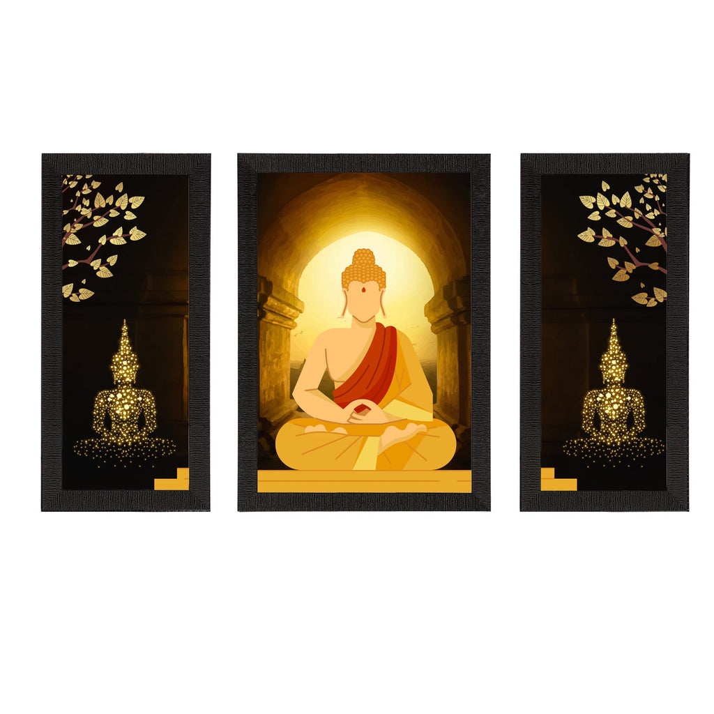 Set of 3 Meditating Lord Buddha Satin Matt Textured UV Art Painting Kafalo