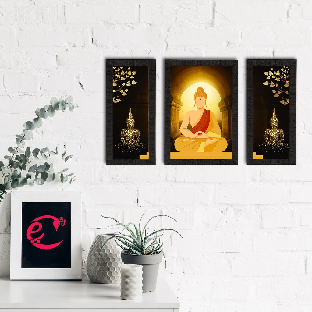 Set of 3 Meditating Lord Buddha Satin Matt Textured UV Art Painting Kafalo