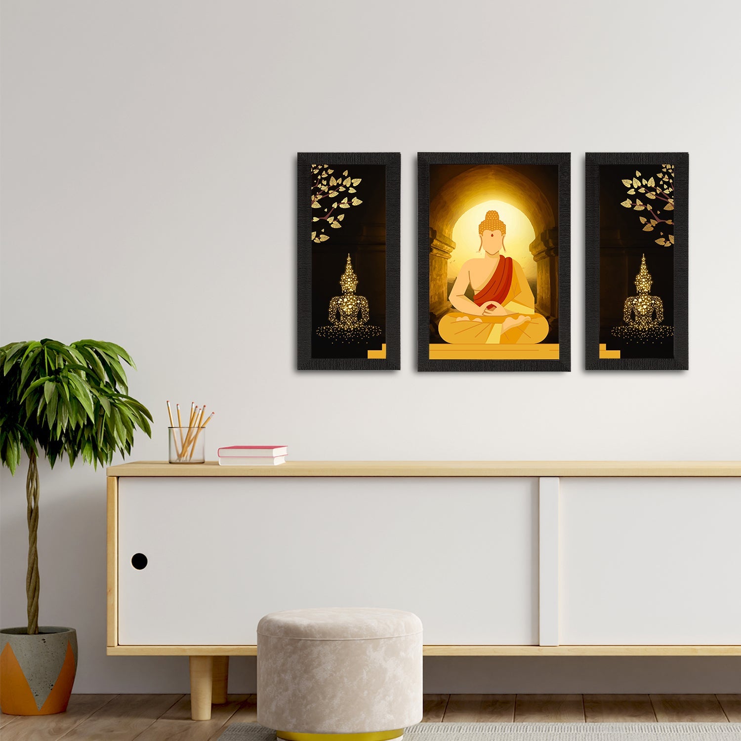 Set of 3 Meditating Lord Buddha Satin Matt Textured UV Art Painting Kafalo