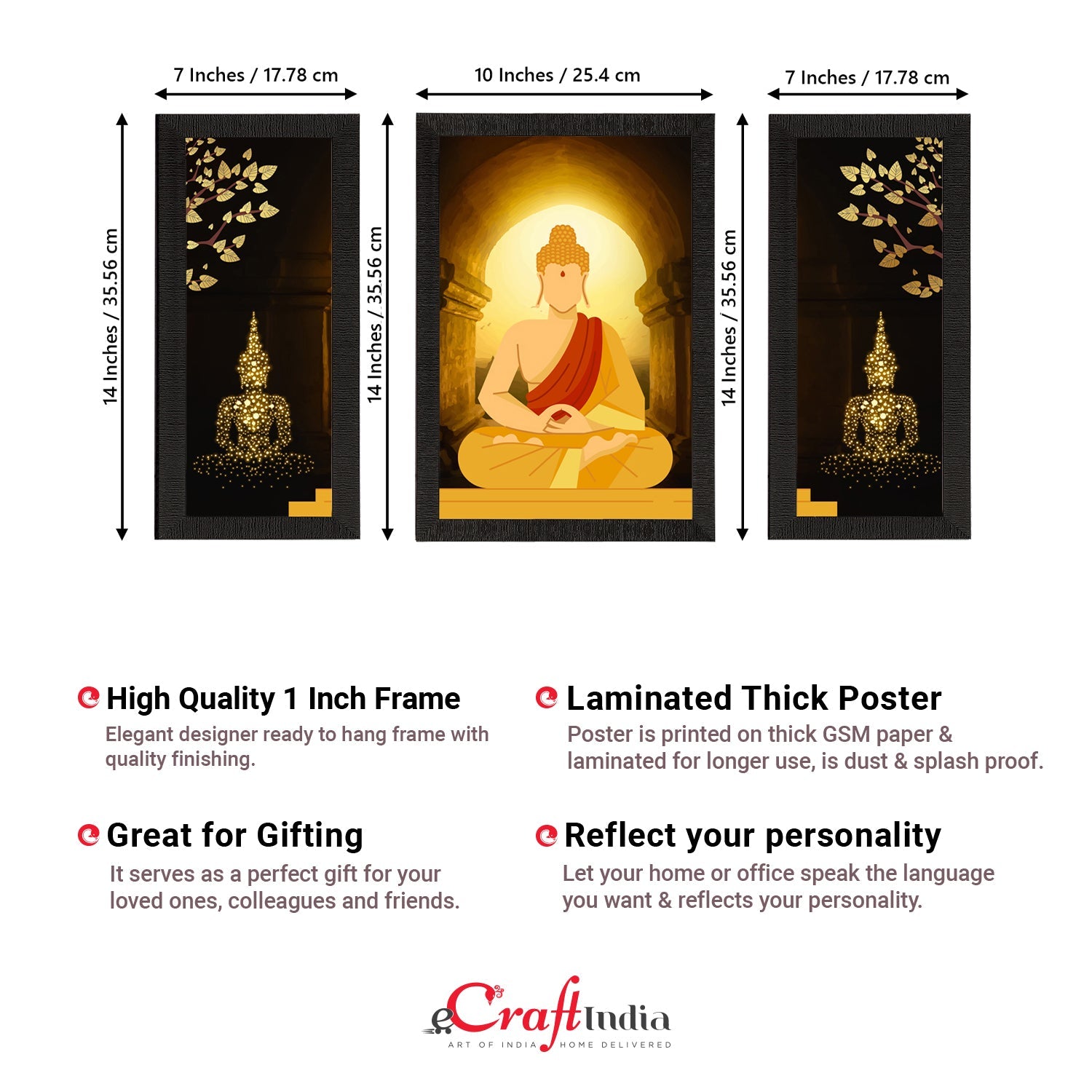 Set of 3 Meditating Lord Buddha Satin Matt Textured UV Art Painting Kafalo