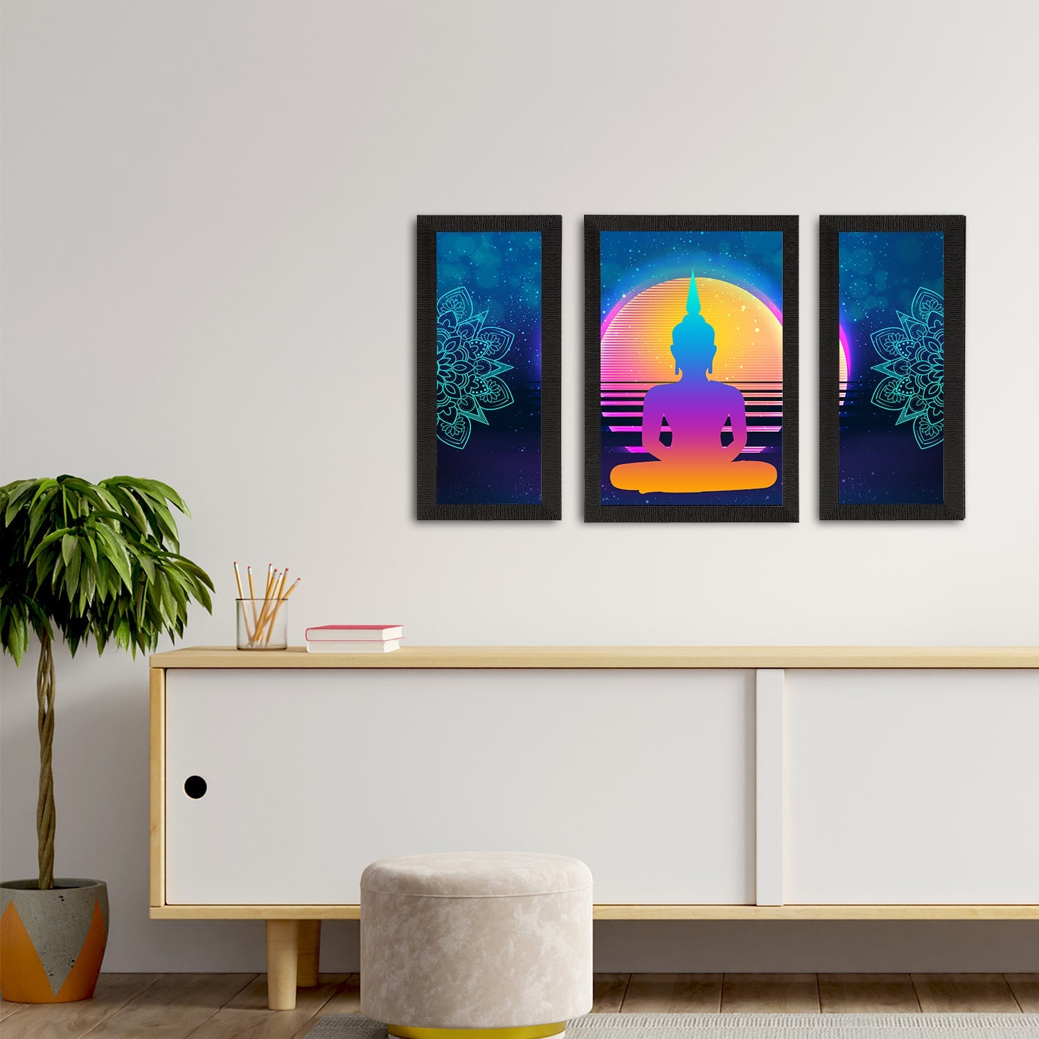 Set of 3 Meditating Lord Buddha Satin Matt Textured UV Art Painting Kafalo