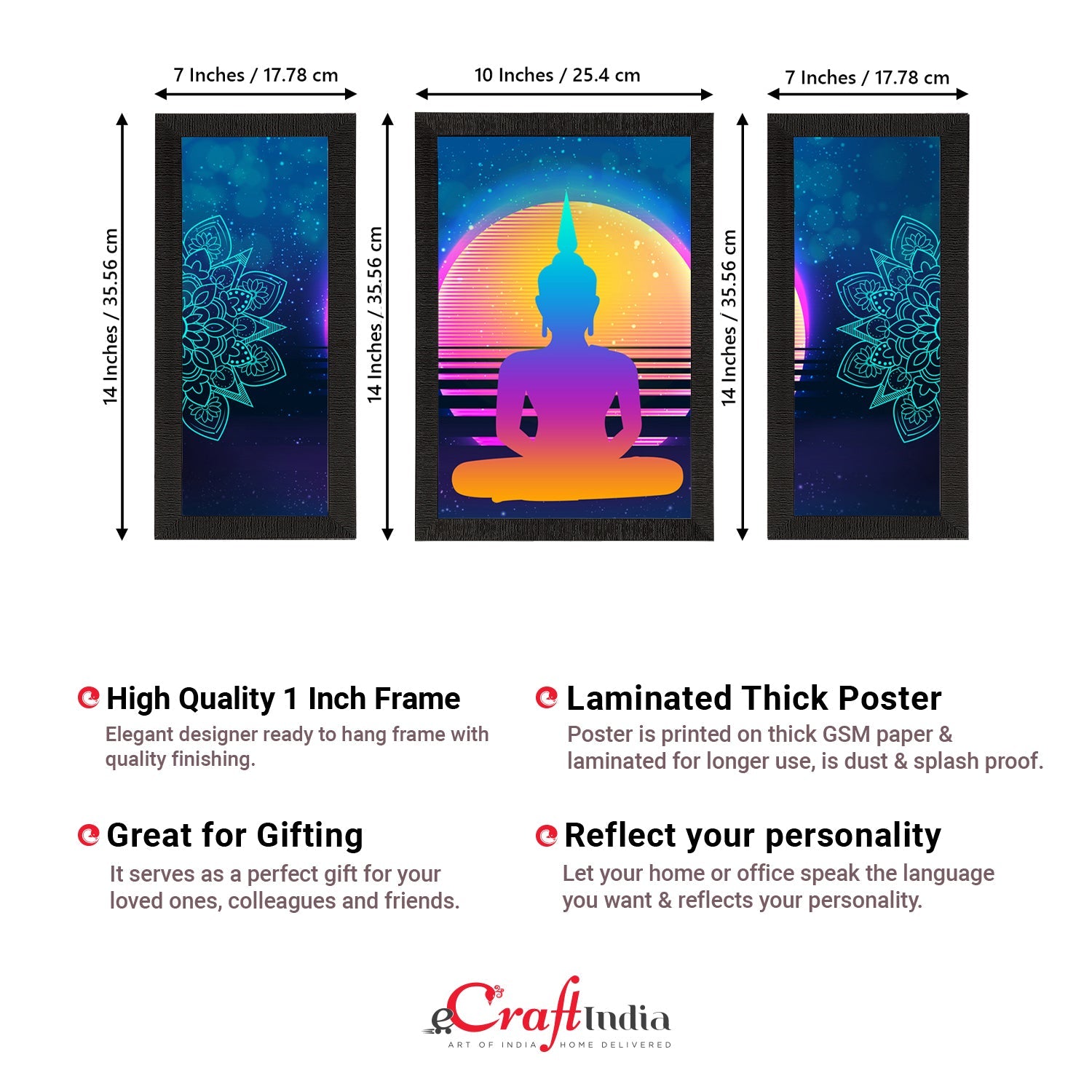 Set of 3 Meditating Lord Buddha Satin Matt Textured UV Art Painting Kafalo