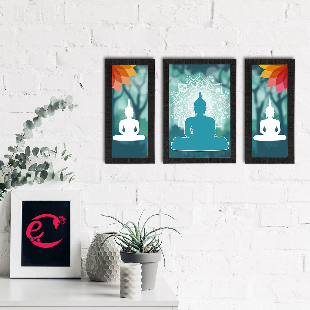 Set of 3 Meditating Lord Buddha Satin Matt Textured UV Art Painting Kafalo