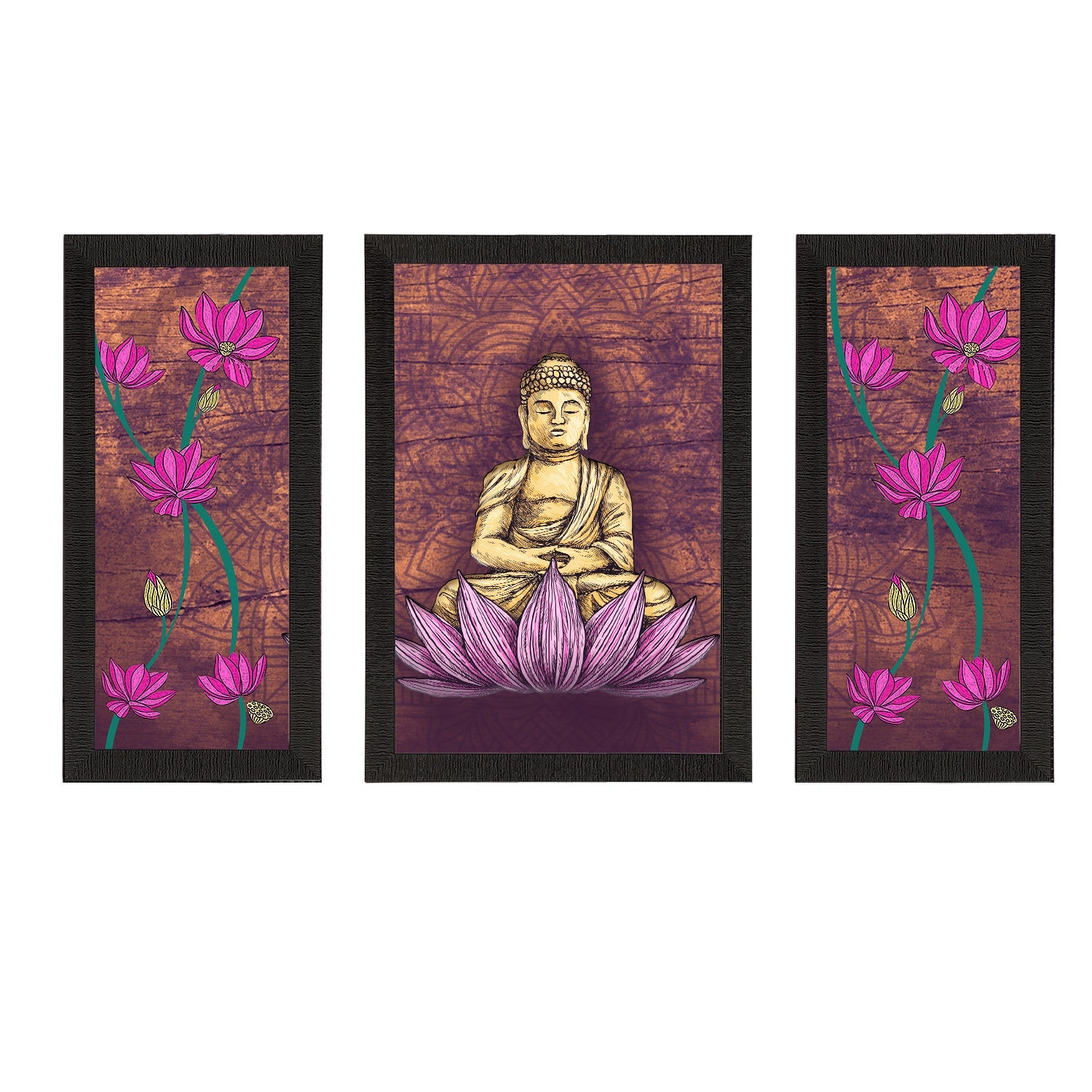 Set of 3 Meditating Lord Buddha Satin Matt Textured UV Art Painting Kafalo