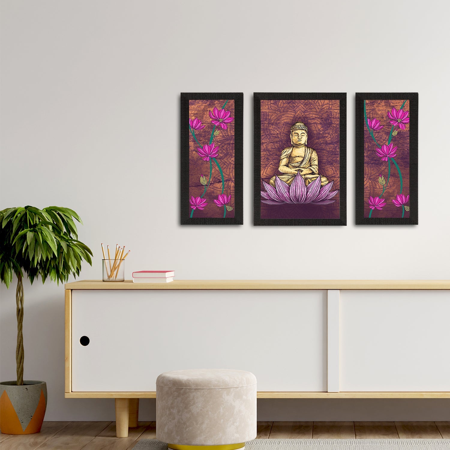 Set of 3 Meditating Lord Buddha Satin Matt Textured UV Art Painting Kafalo