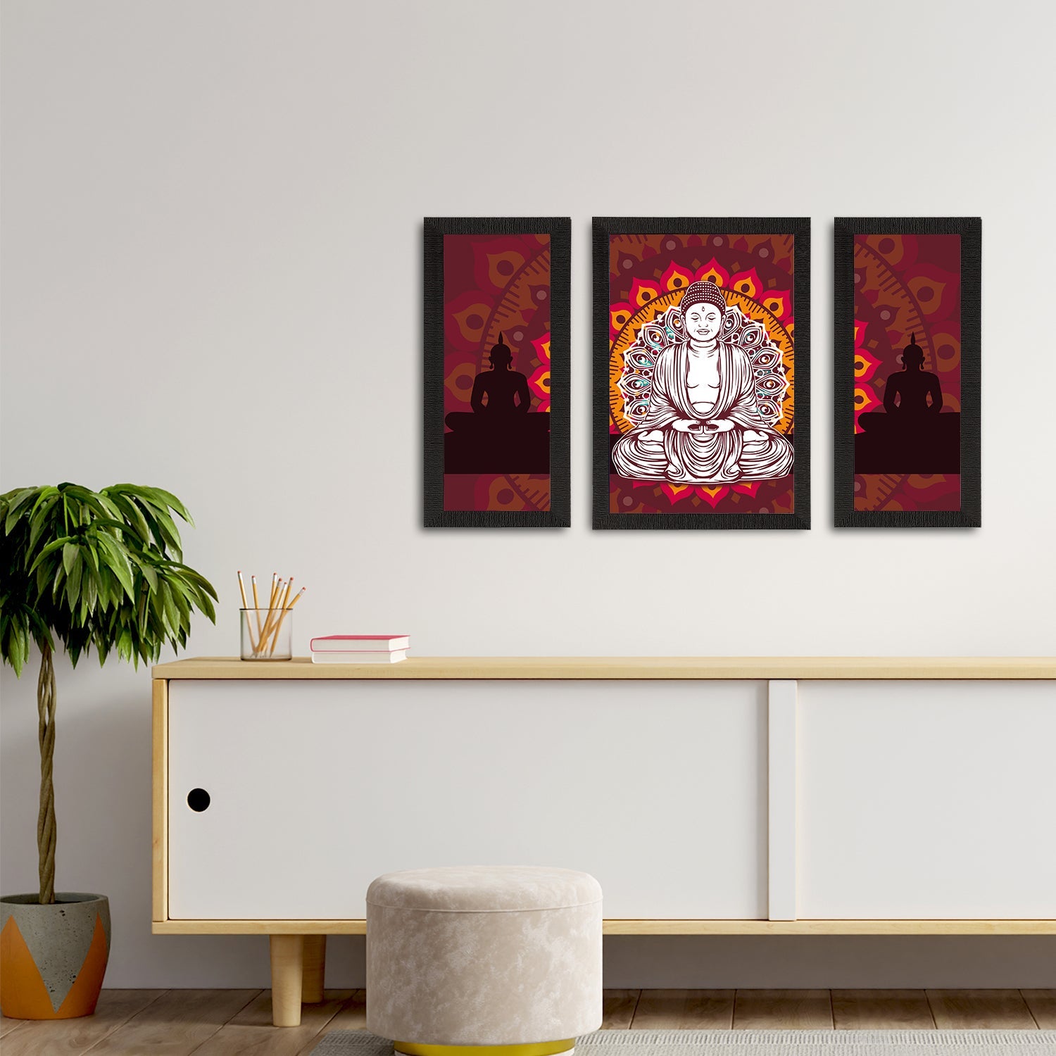 Set of 3 Meditating Lord Buddha Satin Matt Textured UV Art Painting Kafalo