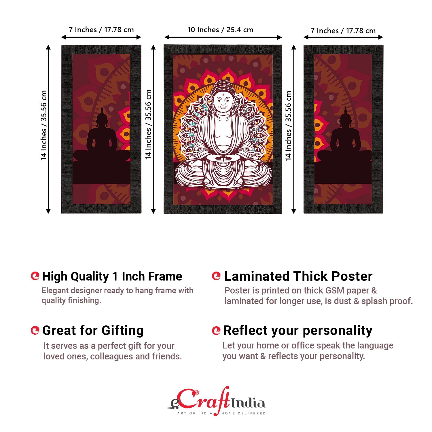Set of 3 Meditating Lord Buddha Satin Matt Textured UV Art Painting Kafalo