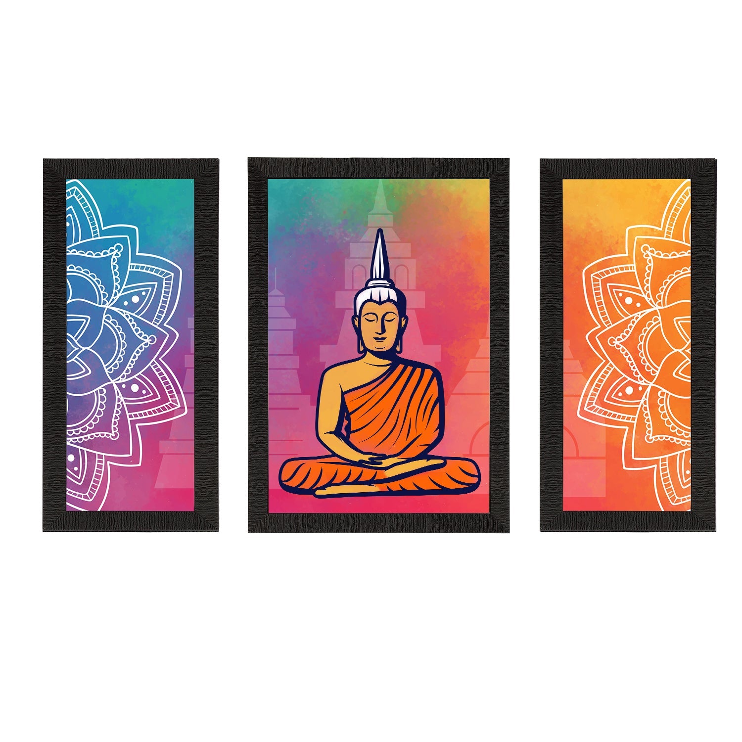 Set of 3 Meditating Lord Buddha Satin Matt Textured UV Art Painting Kafalo