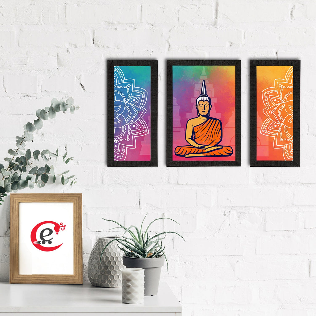 Set of 3 Meditating Lord Buddha Satin Matt Textured UV Art Painting Kafalo