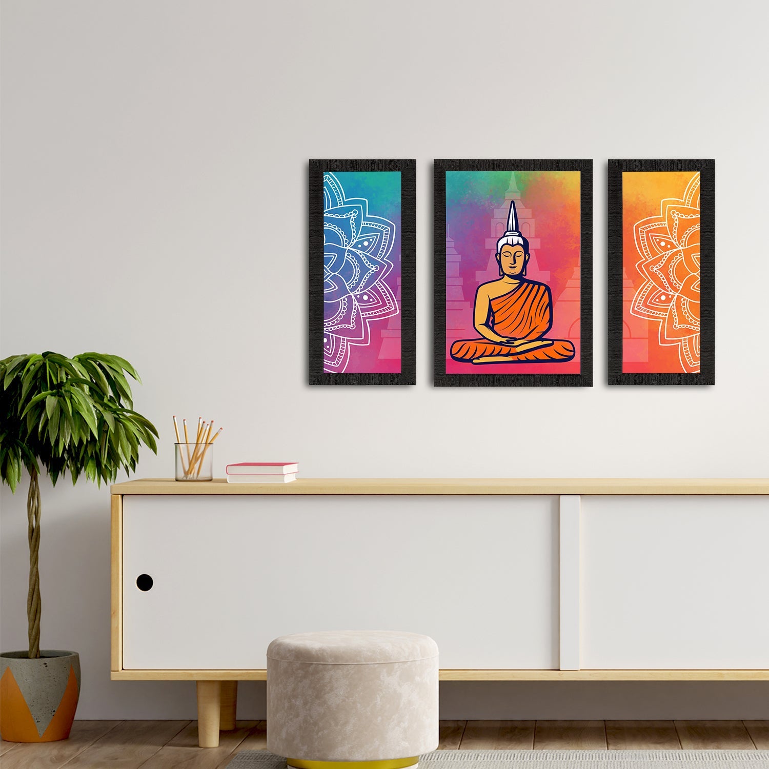 Set of 3 Meditating Lord Buddha Satin Matt Textured UV Art Painting Kafalo