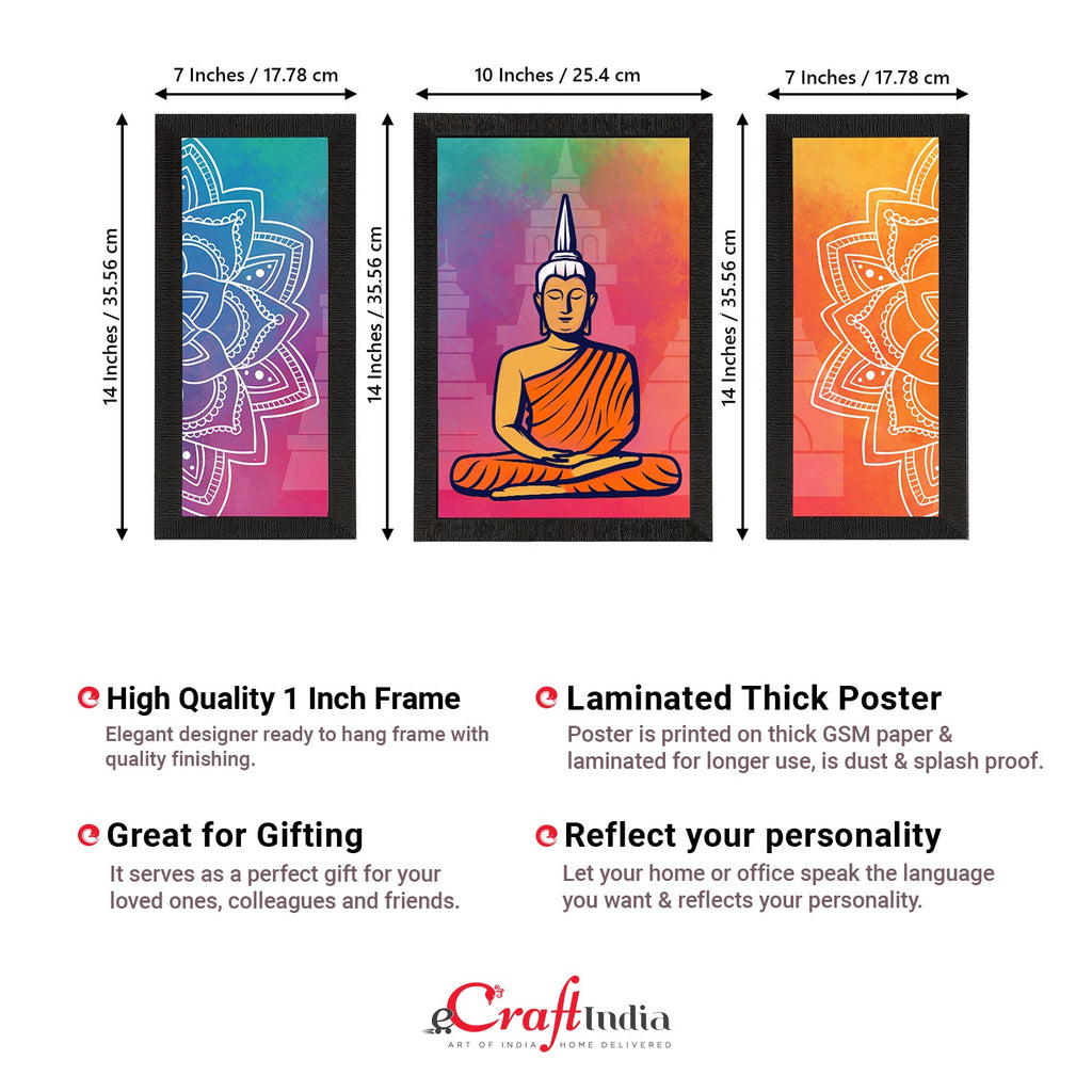 Set of 3 Meditating Lord Buddha Satin Matt Textured UV Art Painting Kafalo