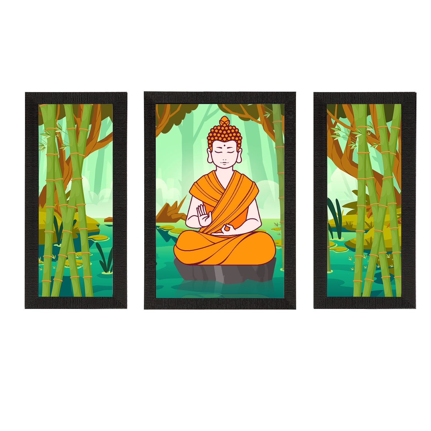 Set of 3 Meditating Lord Buddha Satin Matt Textured UV Art Painting Kafalo