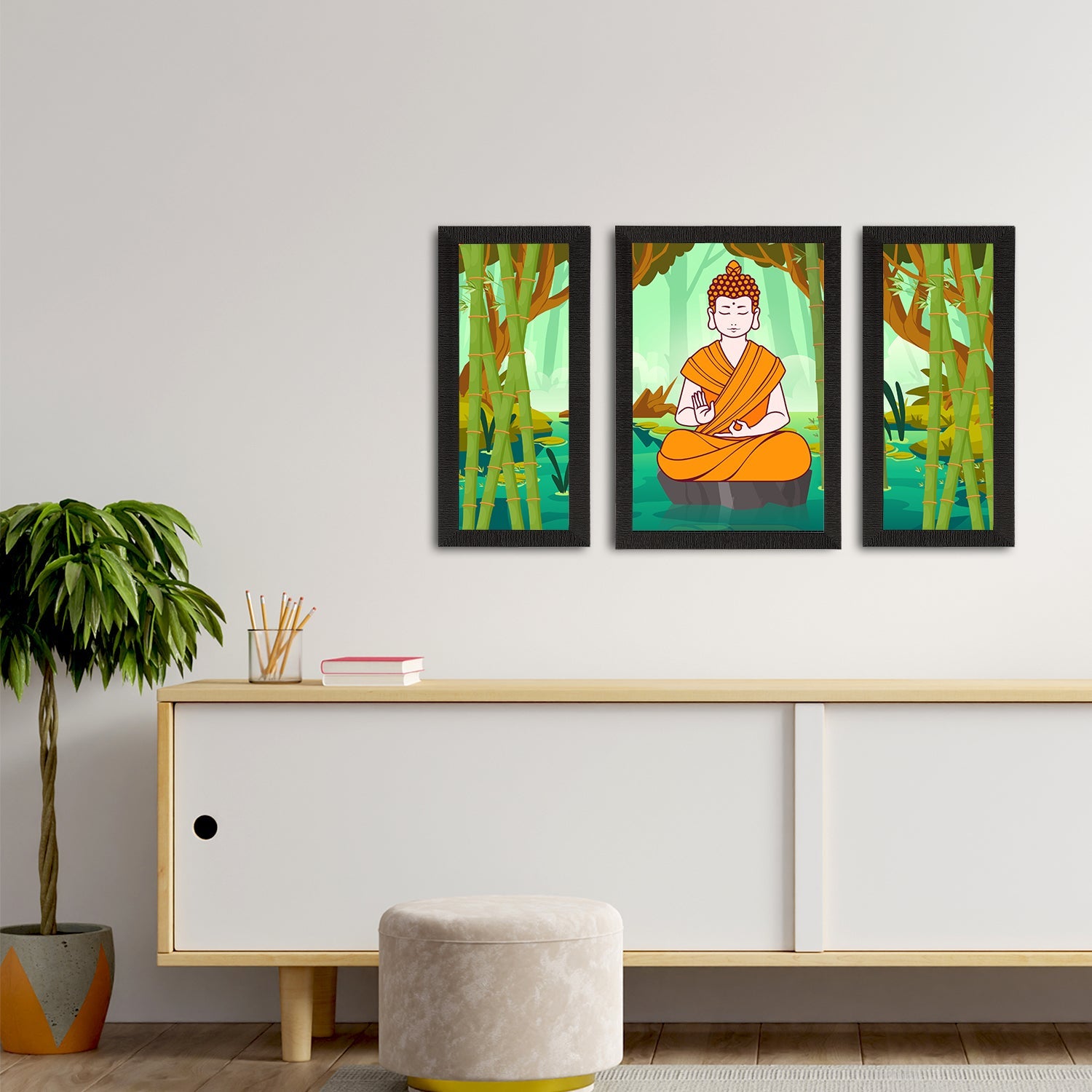 Set of 3 Meditating Lord Buddha Satin Matt Textured UV Art Painting Kafalo