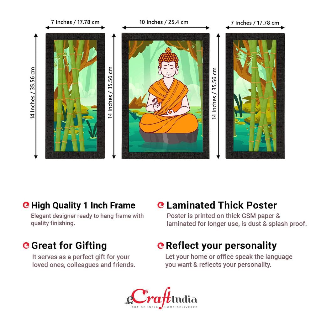 Set of 3 Meditating Lord Buddha Satin Matt Textured UV Art Painting Kafalo