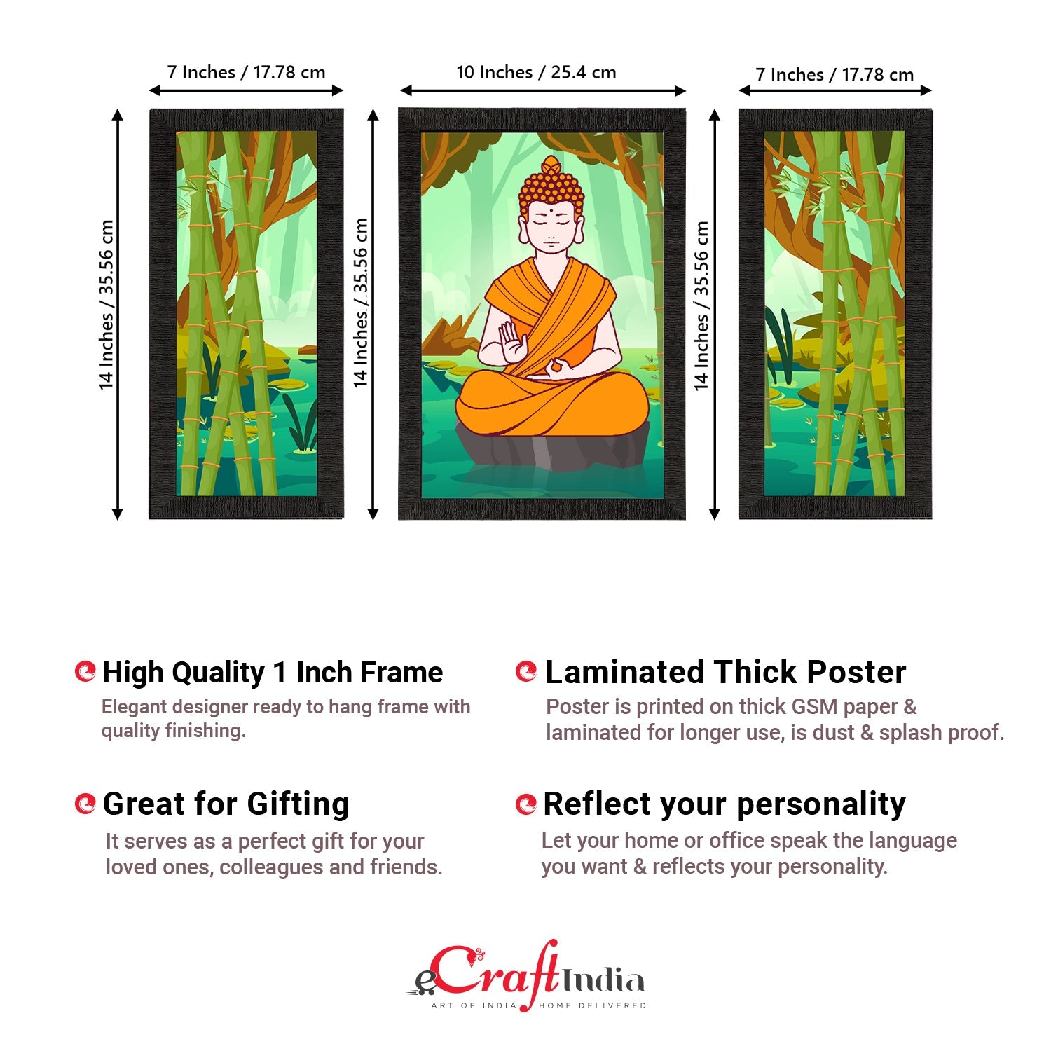 Set of 3 Meditating Lord Buddha Satin Matt Textured UV Art Painting Kafalo