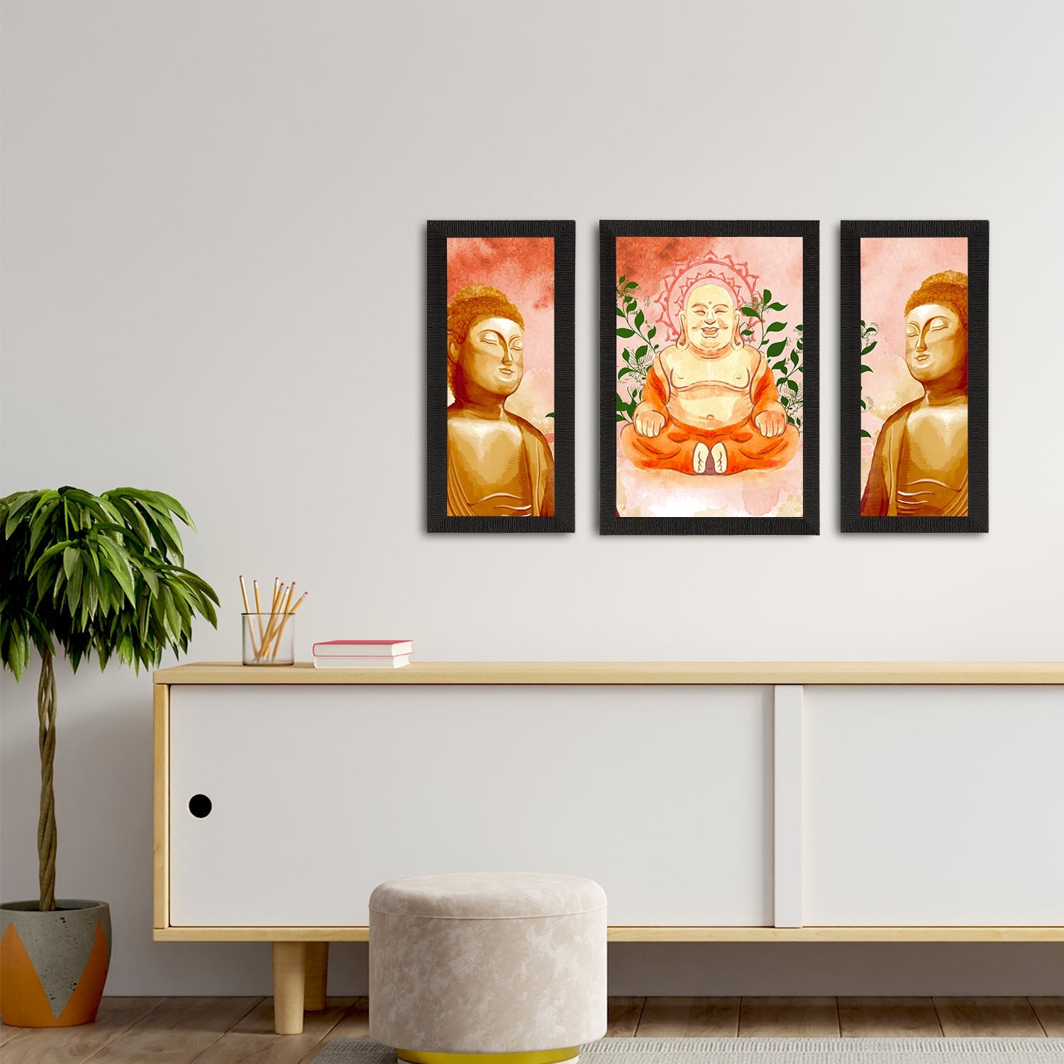 Set of 3 Meditating Lord Buddha Satin Matt Textured UV Art Painting Kafalo