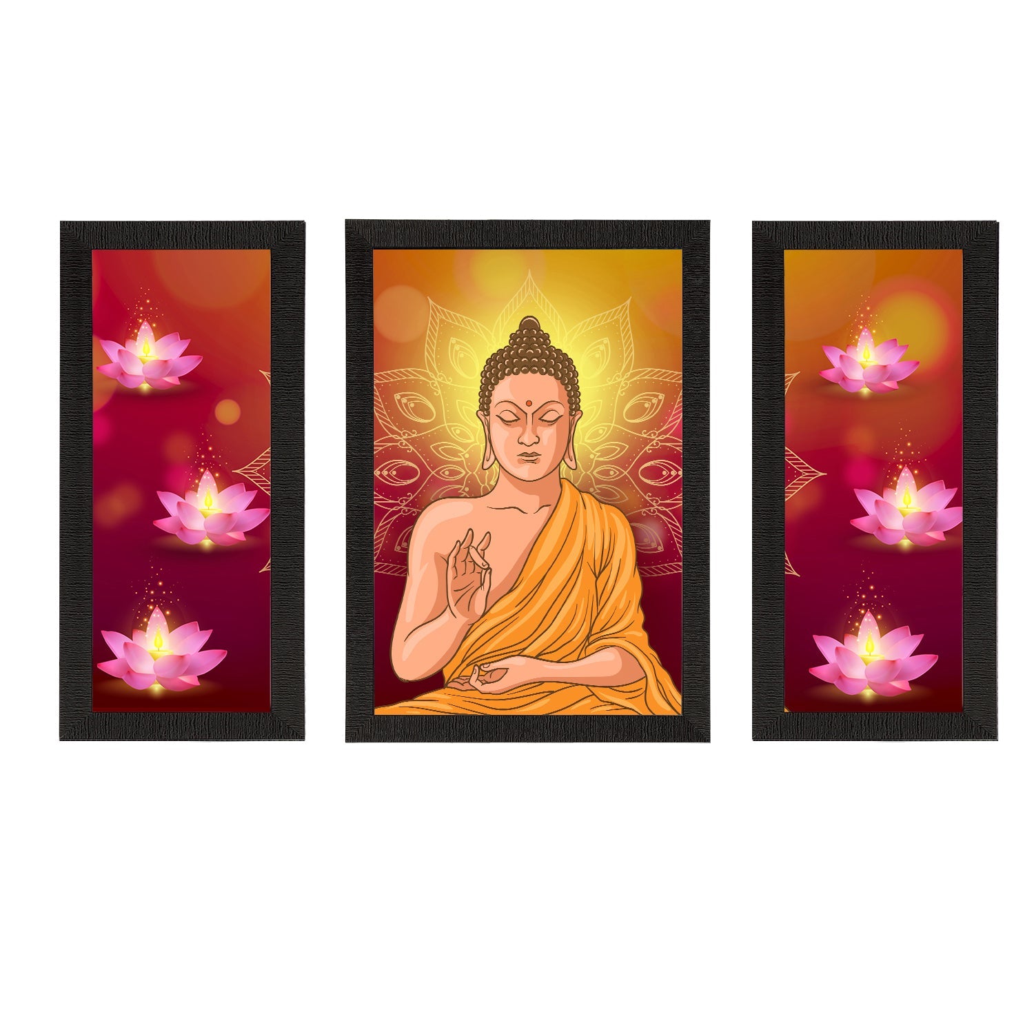 Set of 3 Meditating Lord Buddha Satin Matt Textured UV Art Painting Kafalo