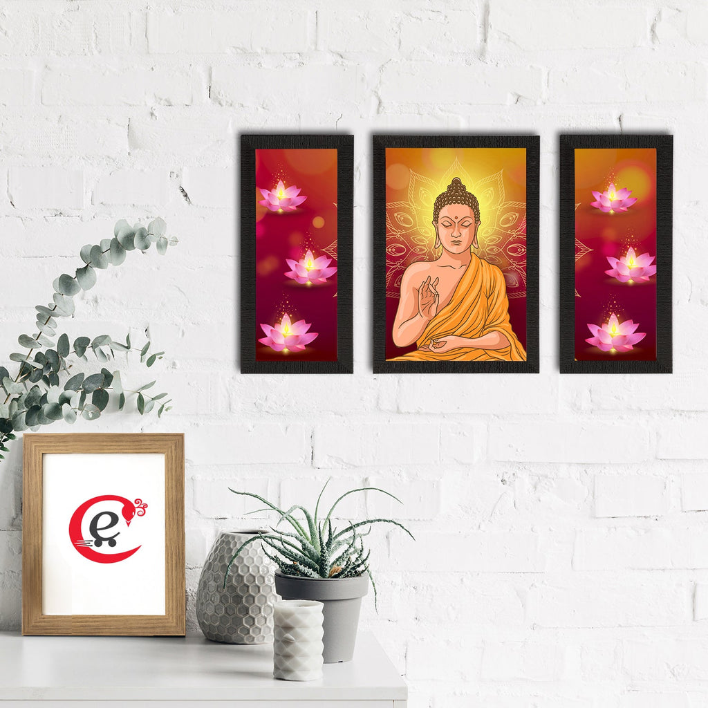 Set of 3 Meditating Lord Buddha Satin Matt Textured UV Art Painting Kafalo