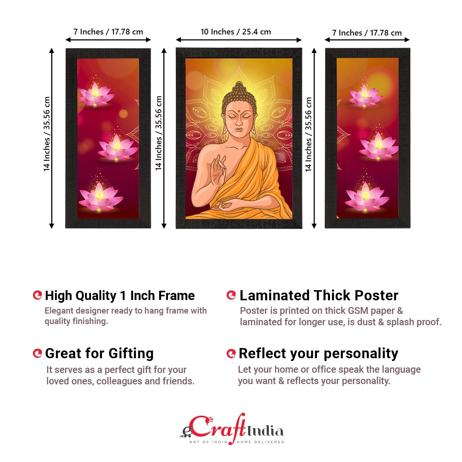 Set of 3 Meditating Lord Buddha Satin Matt Textured UV Art Painting Kafalo