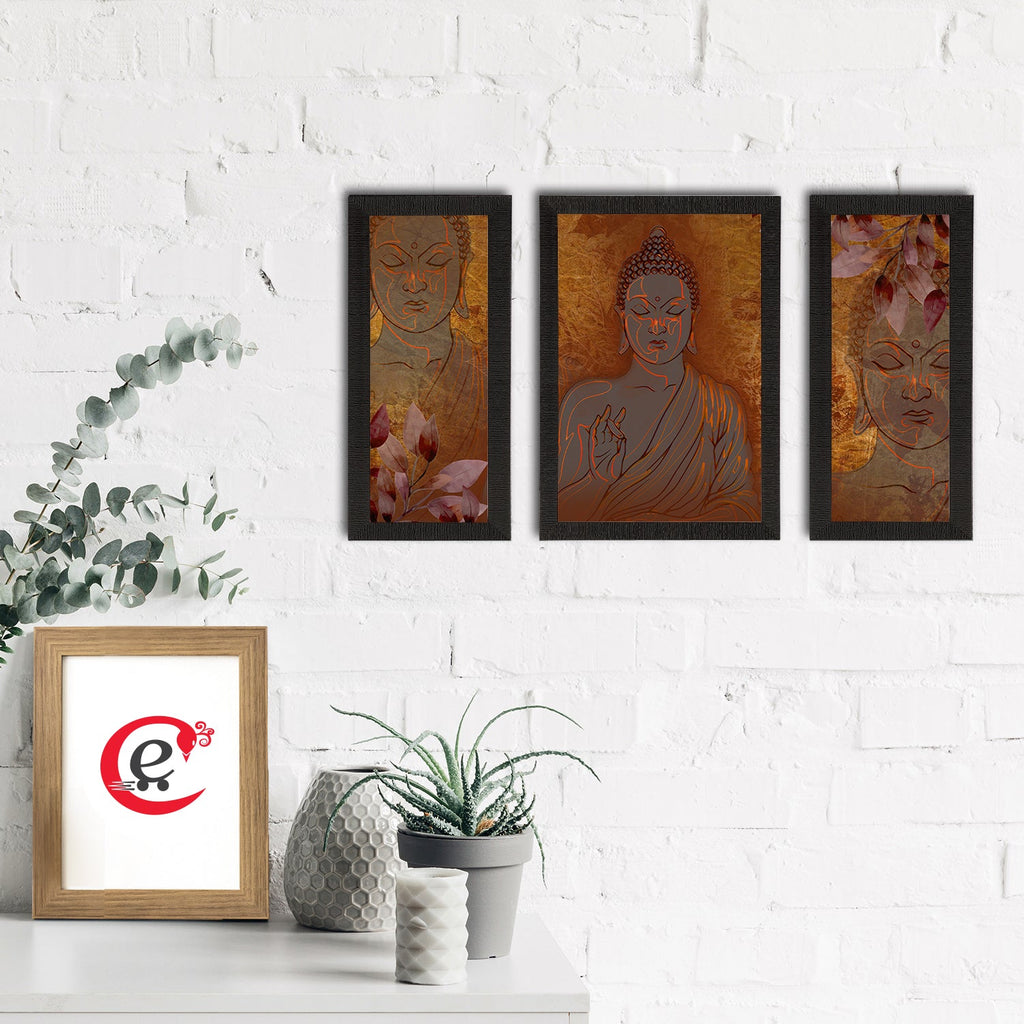 Set of 3 Meditating Lord Buddha Satin Matt Textured UV Art Painting Kafalo