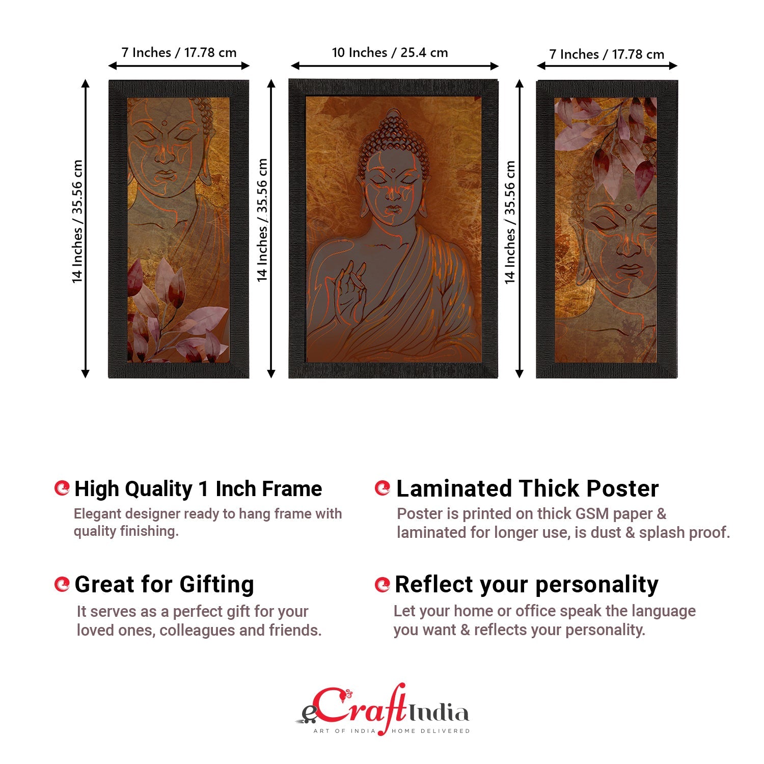 Set of 3 Meditating Lord Buddha Satin Matt Textured UV Art Painting Kafalo