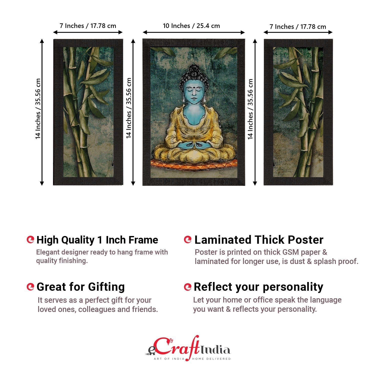 Set of 3 Meditating Lord Buddha Satin Matt Textured UV Art Painting Kafalo
