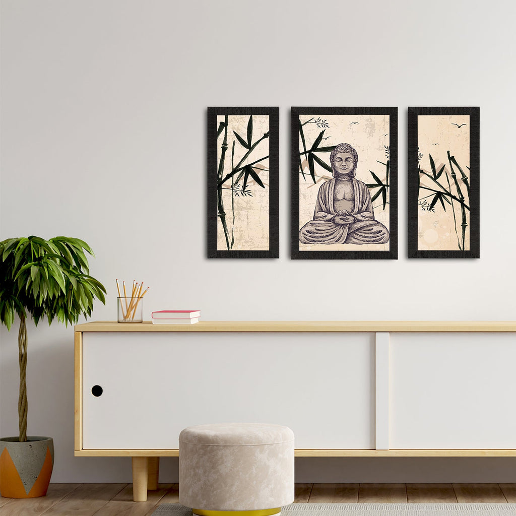 Set of 3 Meditating Lord Buddha Satin Matt Textured UV Art Painting Kafalo