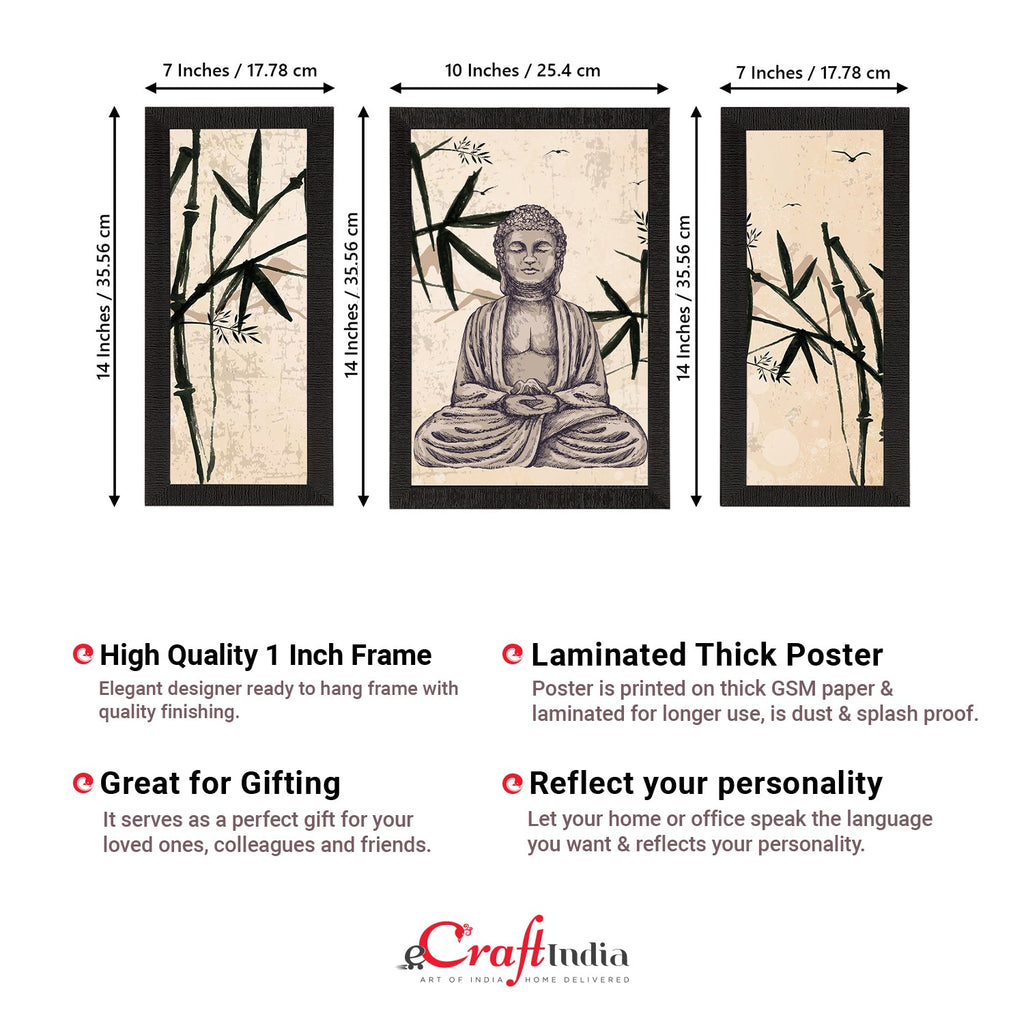 Set of 3 Meditating Lord Buddha Satin Matt Textured UV Art Painting Kafalo
