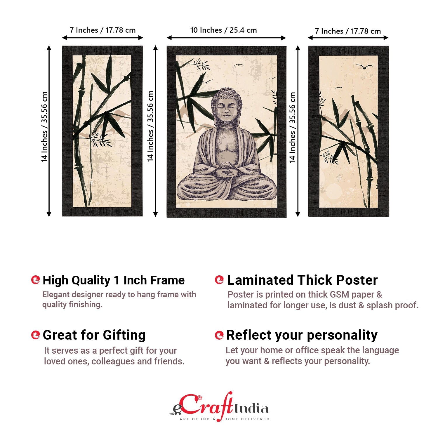 Set of 3 Meditating Lord Buddha Satin Matt Textured UV Art Painting Kafalo