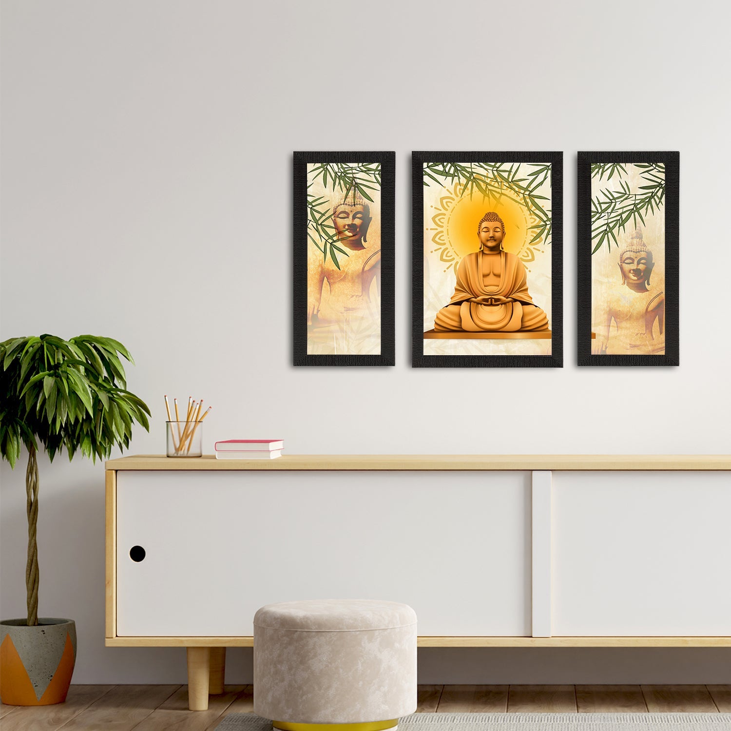 Set of 3 Meditating Lord Buddha Satin Matt Textured UV Art Painting Kafalo