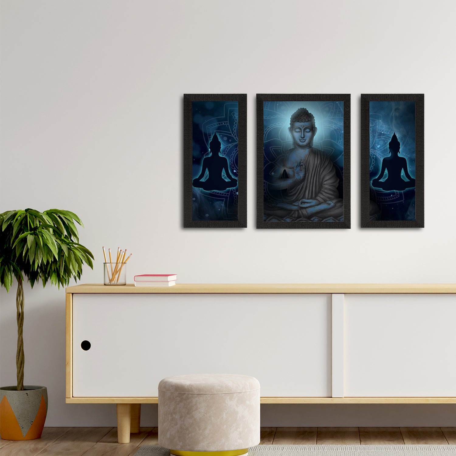 Set of 3 Meditating Lord Buddha Satin Matt Textured UV Art Painting Kafalo
