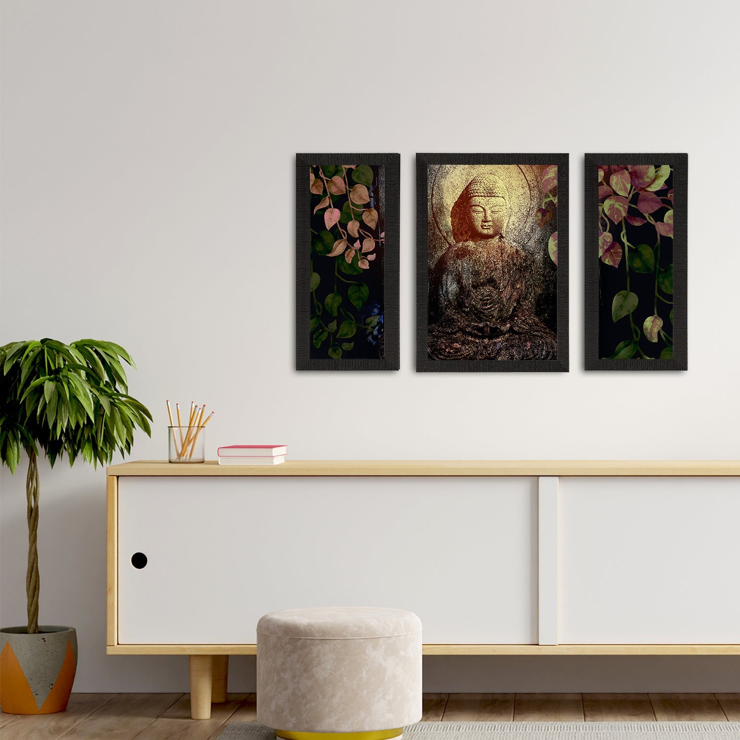 Set of 3 Meditating Lord Buddha Satin Matt Textured UV Art Painting Kafalo