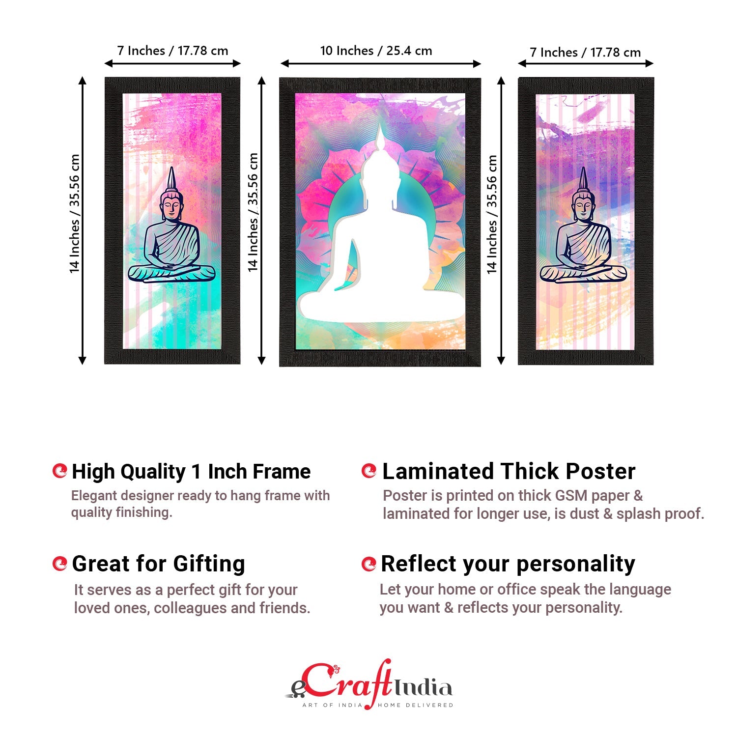 Set of 3 Meditating Lord Buddha Satin Matt Textured UV Art Painting Kafalo