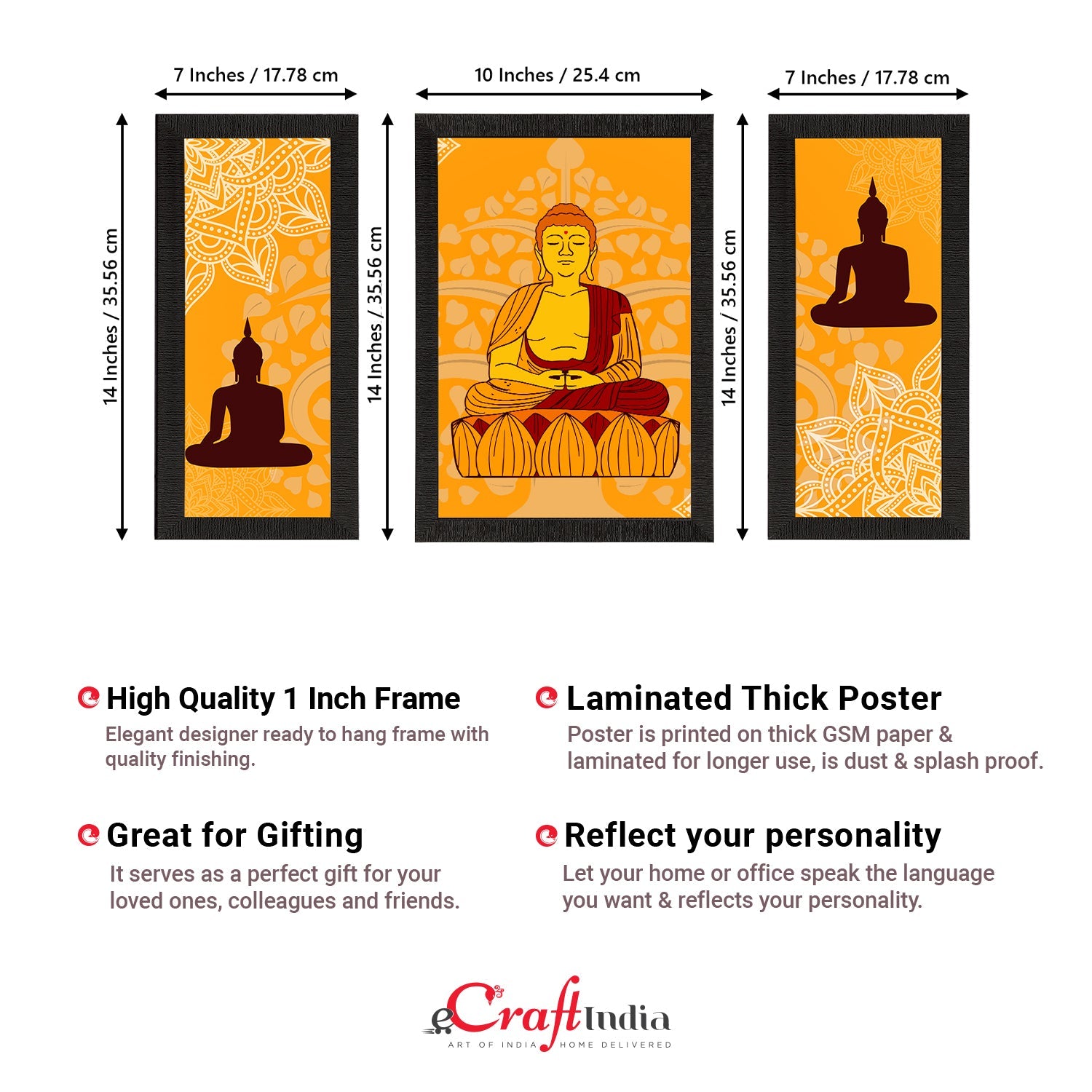 Set of 3 Meditating Lord Buddha Satin Matt Textured UV Art Painting Kafalo