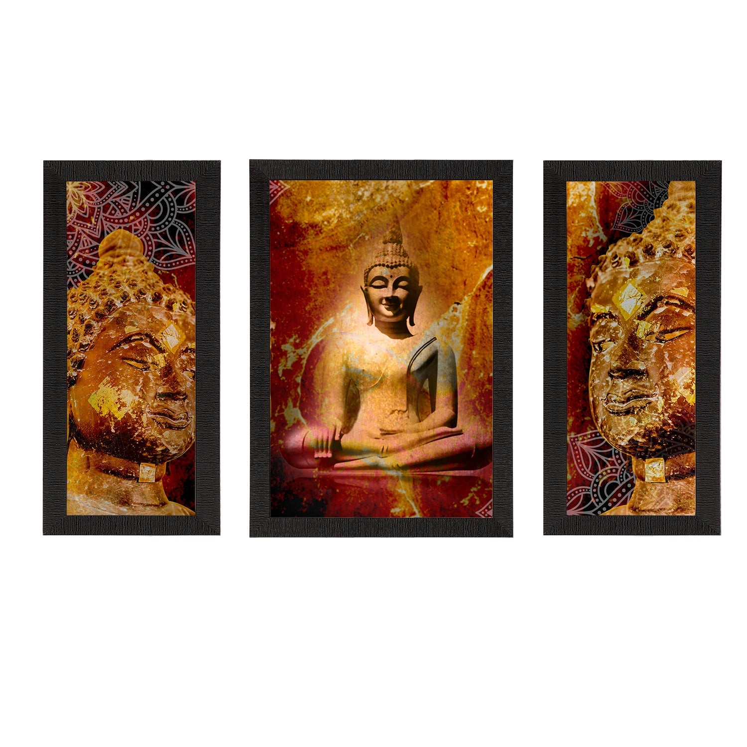 Set of 3 Meditating Lord Buddha Satin Matt Textured UV Art Painting Kafalo