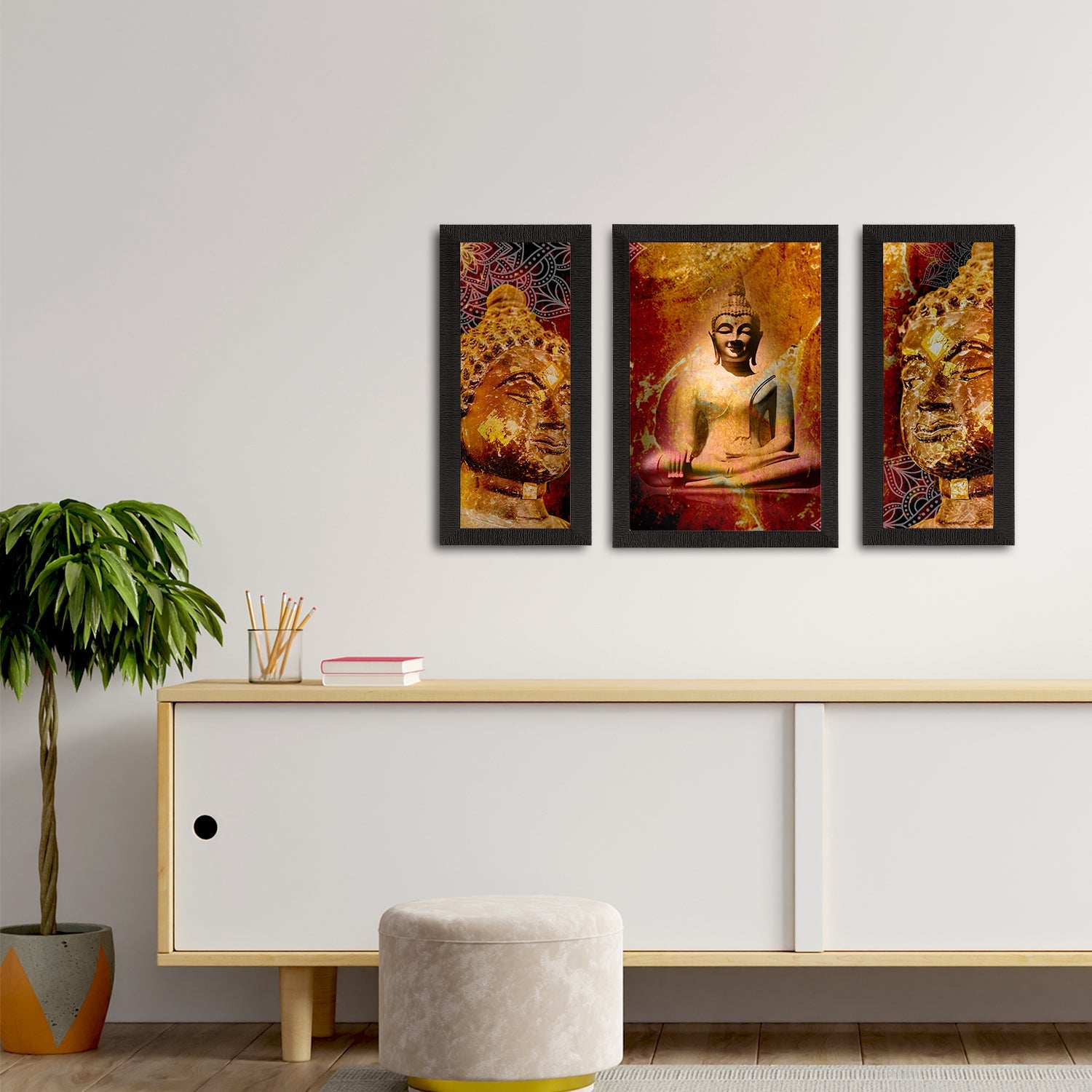 Set of 3 Meditating Lord Buddha Satin Matt Textured UV Art Painting Kafalo